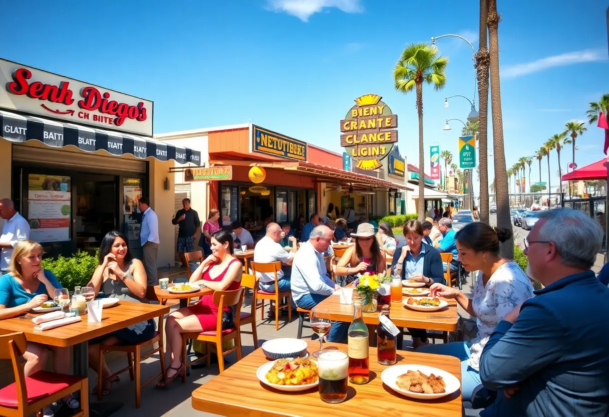 Outdoor dining during San Diego Restaurant Week with various cuisines and happy diners.