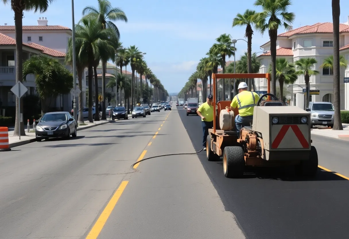Construction workers applying a slurry seal on a San Diego street