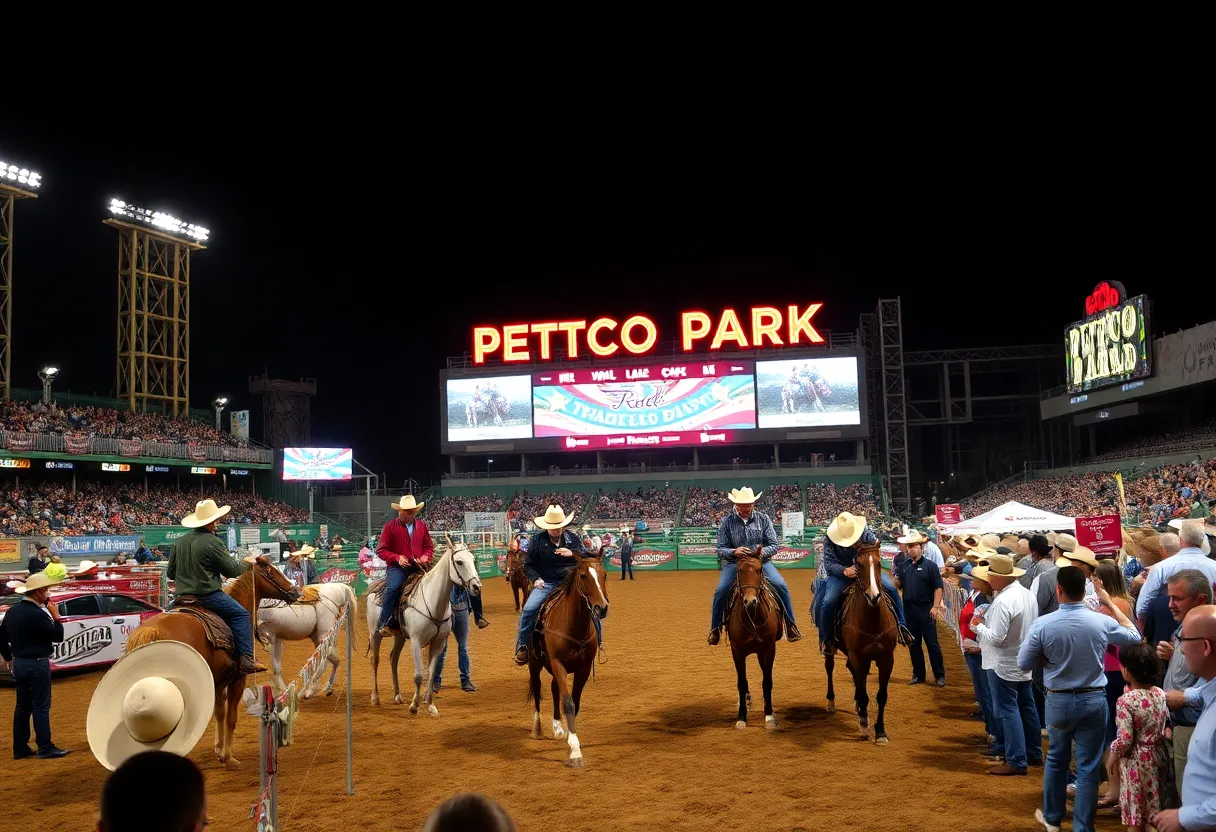 Vibrant scene from the San Diego Rodeo with cowboys and a cheering audience.