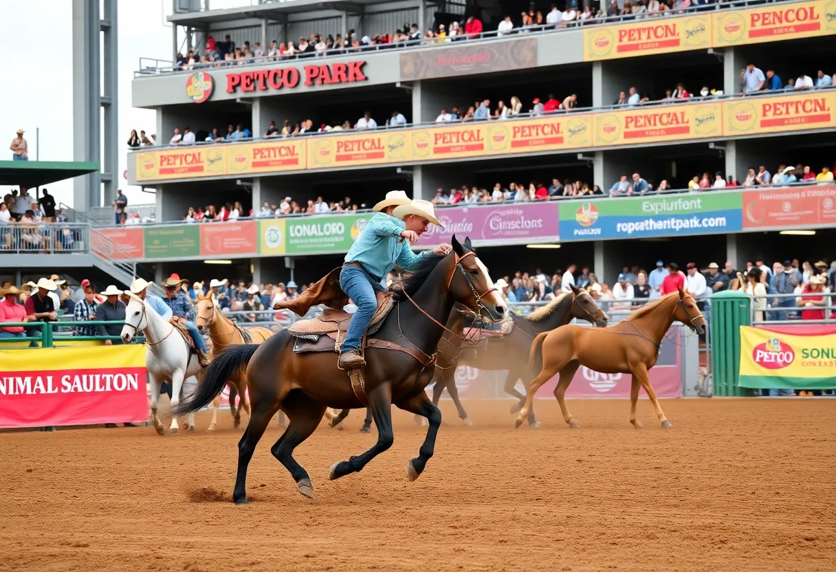 Participants and animals at the San Diego Rodeo with a focus on animal welfare measures.