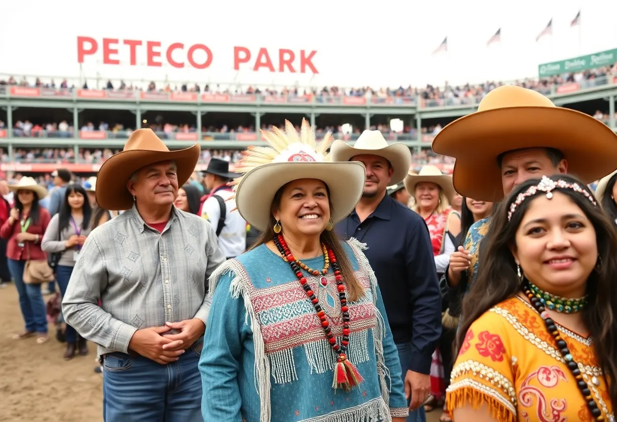 A lively scene from the San Diego Rodeo showcasing Native American traditions.
