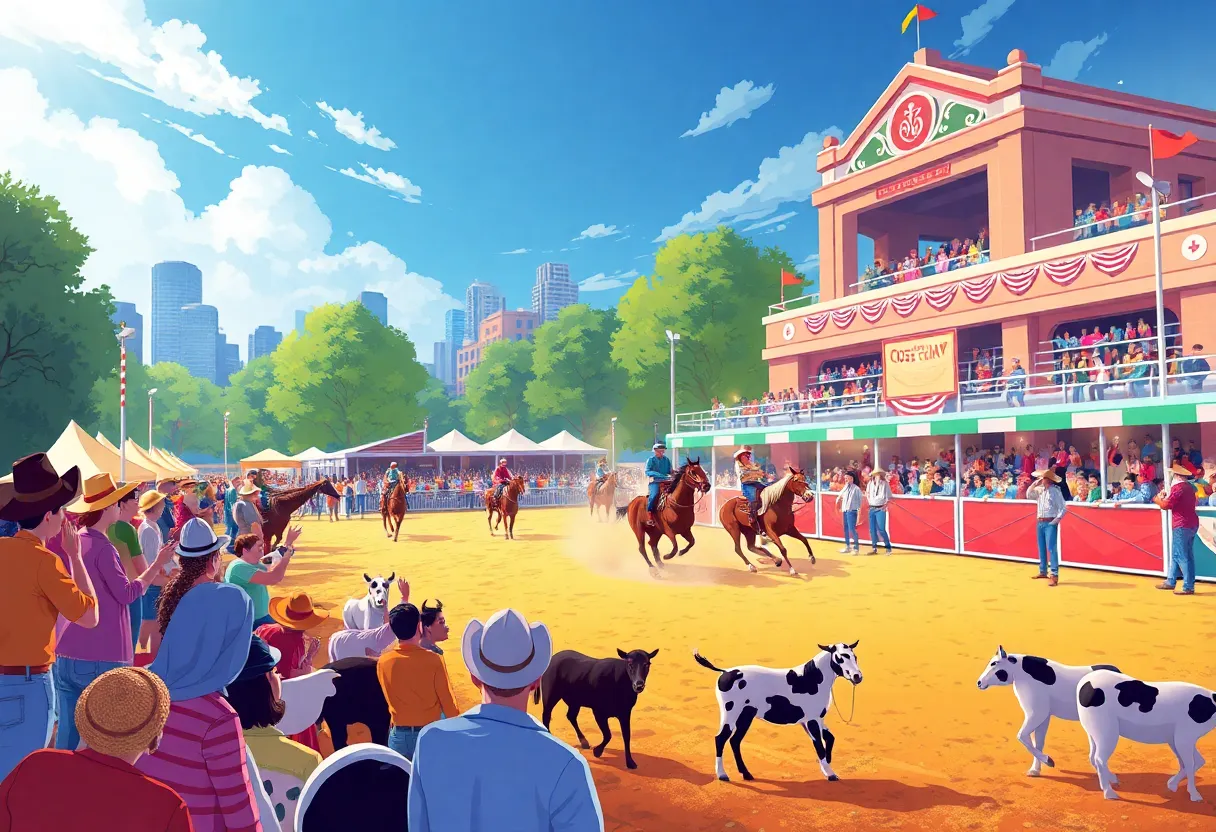 A bustling San Diego Rodeo event at Petco Park with athletes and spectators.