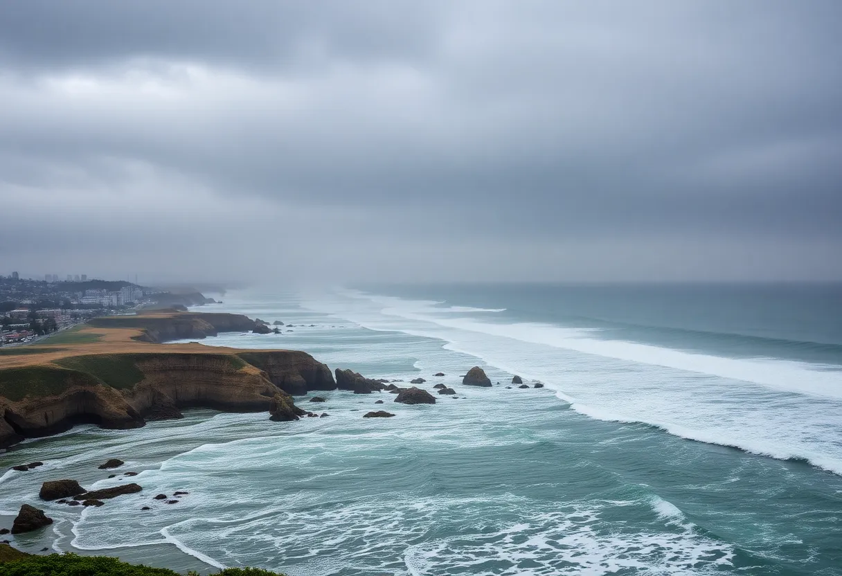 San Diego coastline under rainy weather with waves crashing