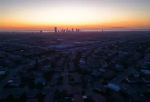 Aerial view of San Diego showcasing skyline and homes.