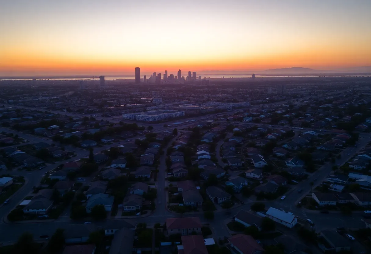 Aerial view of San Diego showcasing skyline and homes.