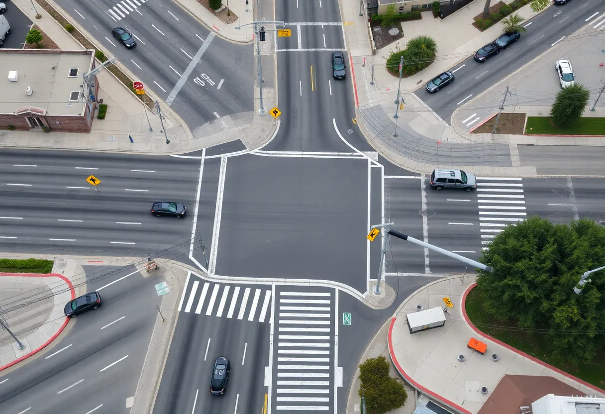 Aerial view of a traffic intersection in San Diego with clear signage and road markings.