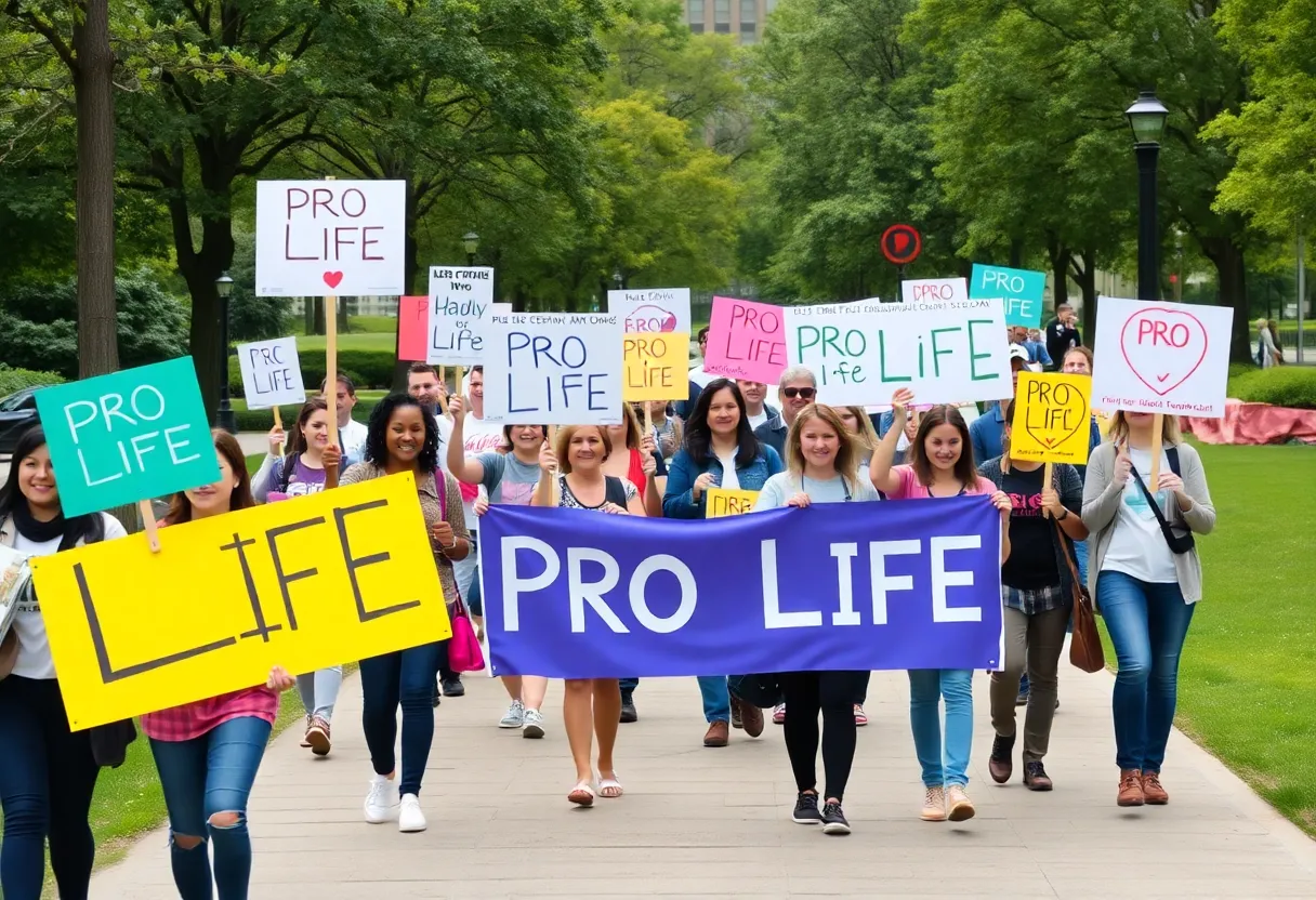 Participants of the San Diego Walk for Life carrying signs in Waterfront Park