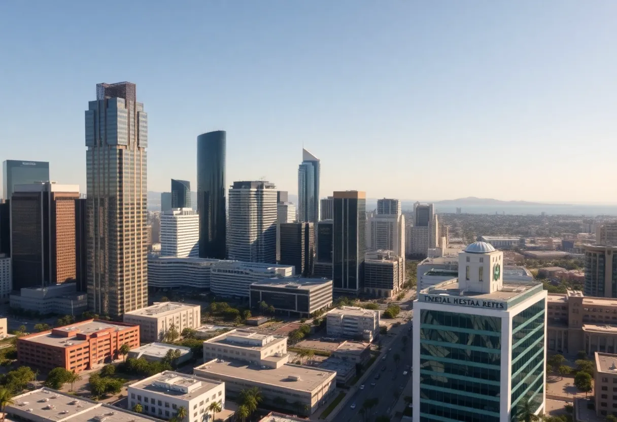 Aerial view of San Diego showcasing business districts and healthcare facilities
