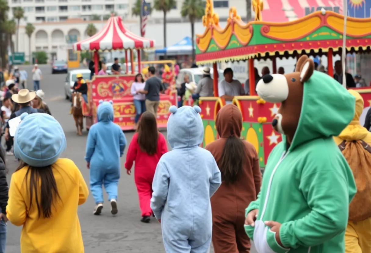 A collage of San Diego events including a rodeo, a parade, and a bar crawl with people in onesies.