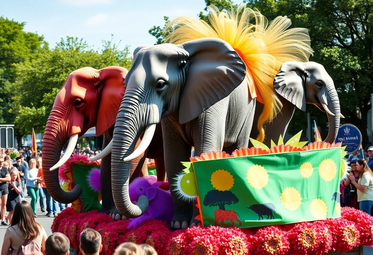 Award-winning float from San Diego Zoo Wildlife Alliance featuring elephants.