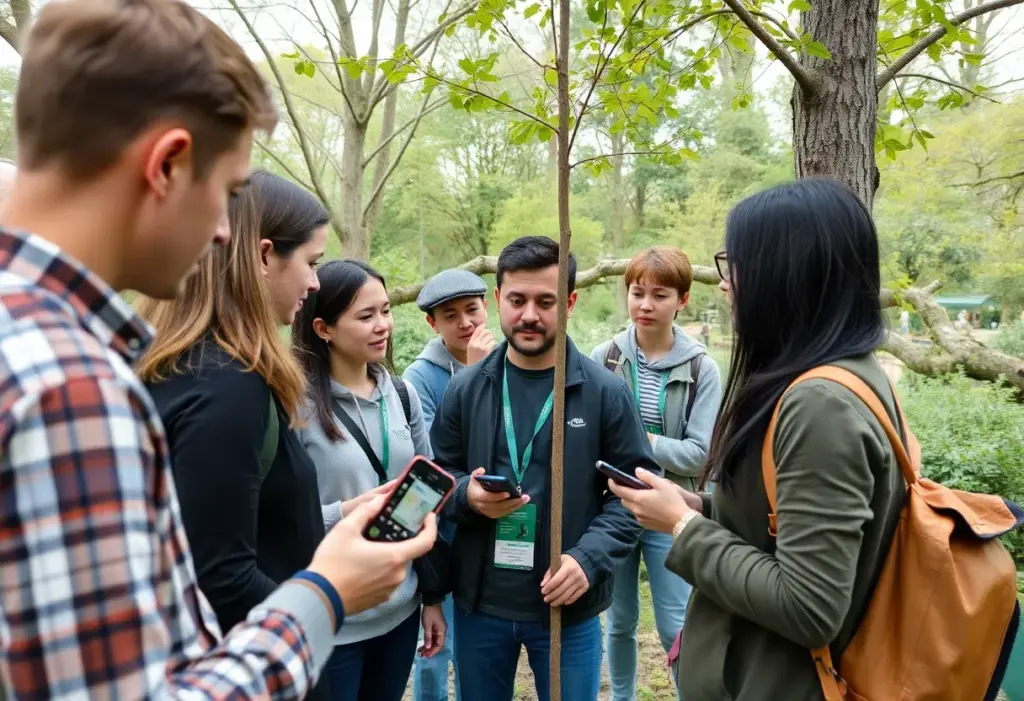 Participants at San Diego Zoo's tree conservation workshop using smartphones.