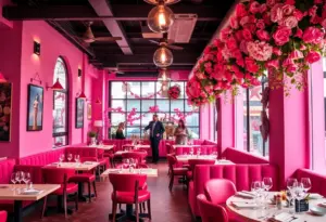 Vibrant interior of Saya Brasserie with pink decor