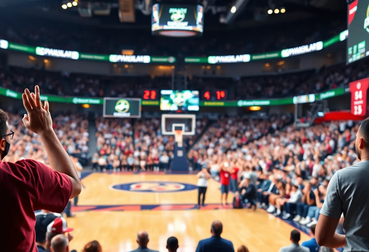 Fans cheering at a basketball game with a focus on collegiate sports.