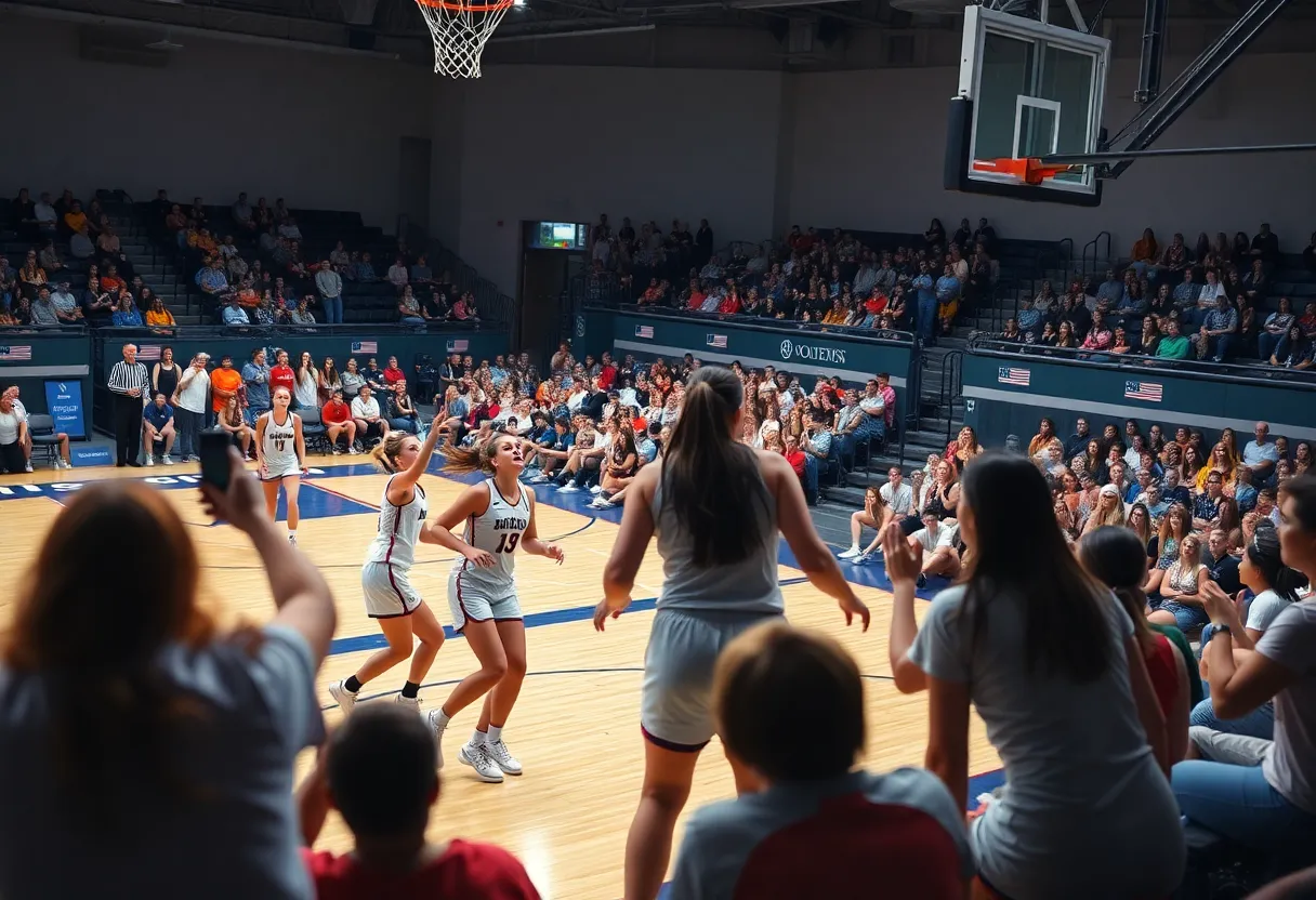 Women basketball players on the court during a game with fans in the background.