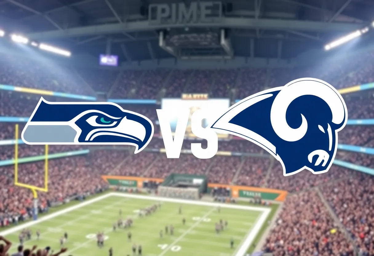 Seahawks and Rams logos in a football stadium