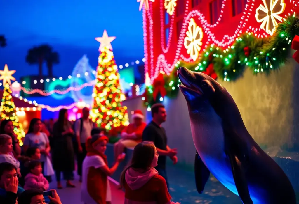Families at SeaWorld enjoying the Christmas Celebration with decorations and performances.
