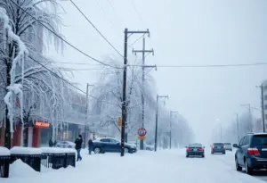 City under severe winter storm with ice and snow accumulation