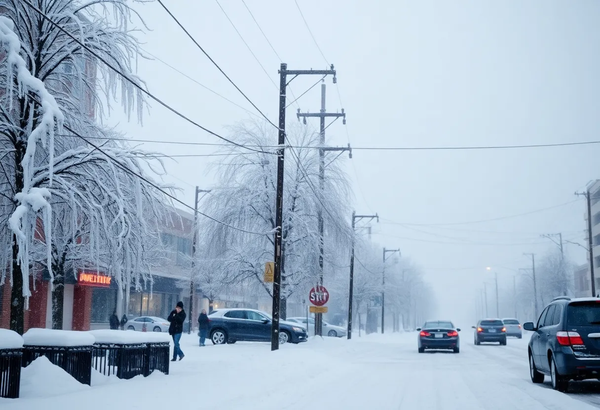 City under severe winter storm with ice and snow accumulation