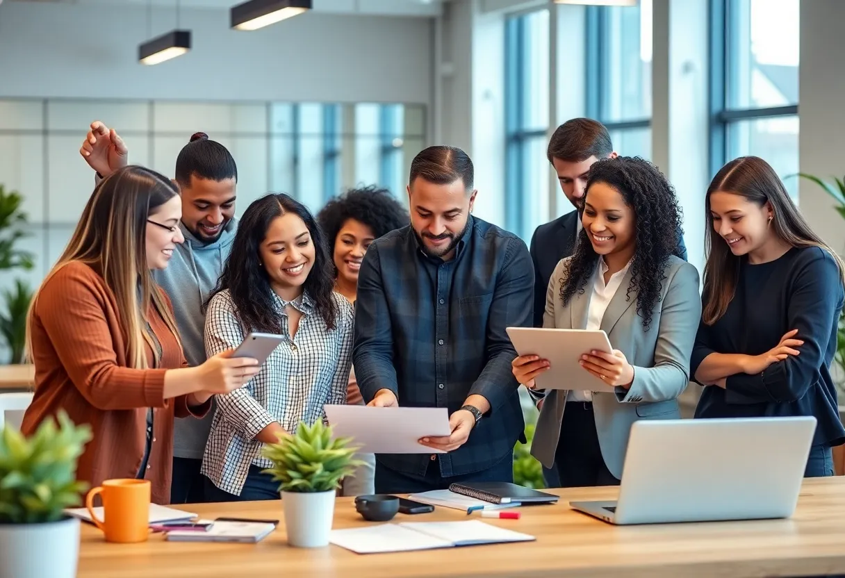 Entrepreneurs collaborating in a modern startup office.