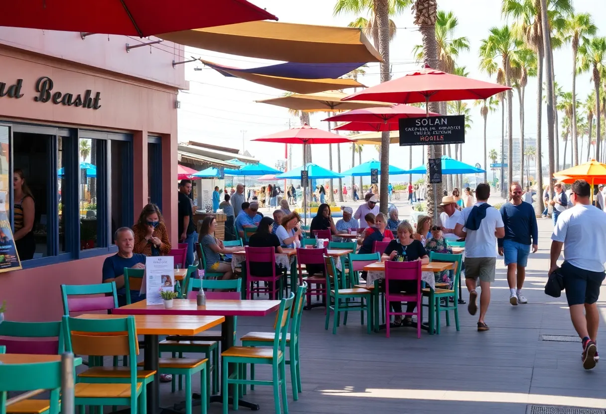 Outdoor dining area in Solana Beach with tables and umbrellas.