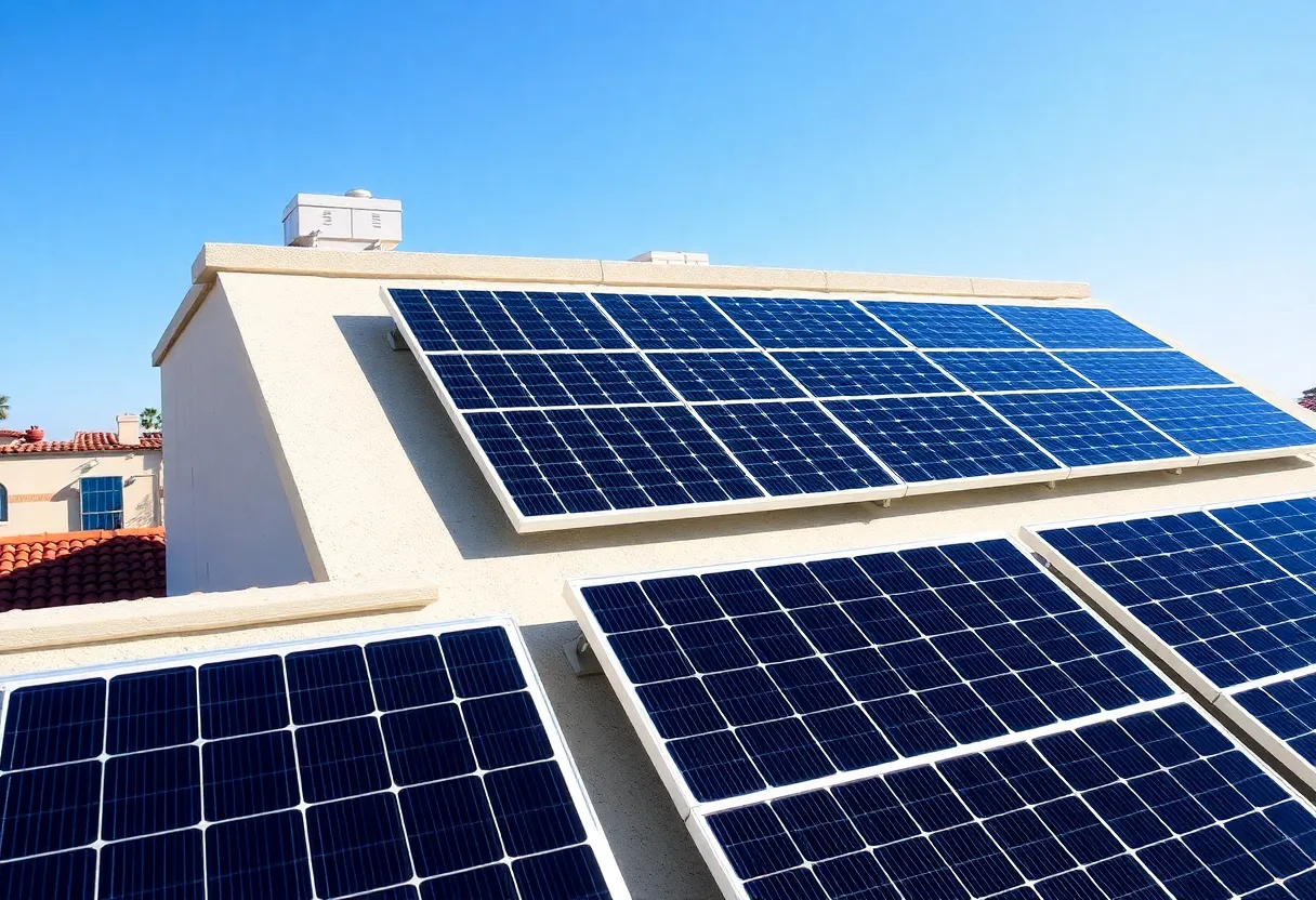 Solar panels and battery storage units installed on a commercial property
