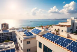 Solar panels installed on the rooftops of businesses in Carlsbad with a clear blue sky