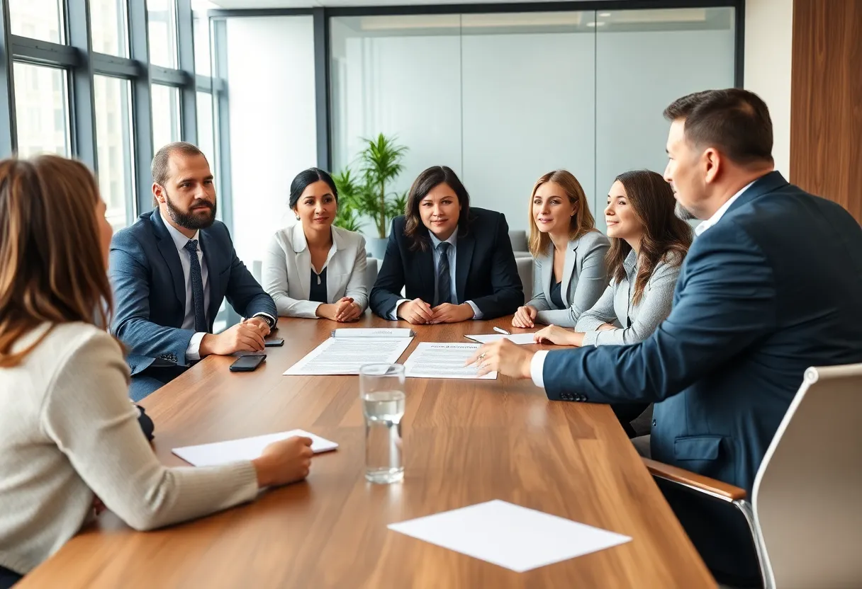 Stakeholders discussing Sonim Technologies asset purchase in a modern office.