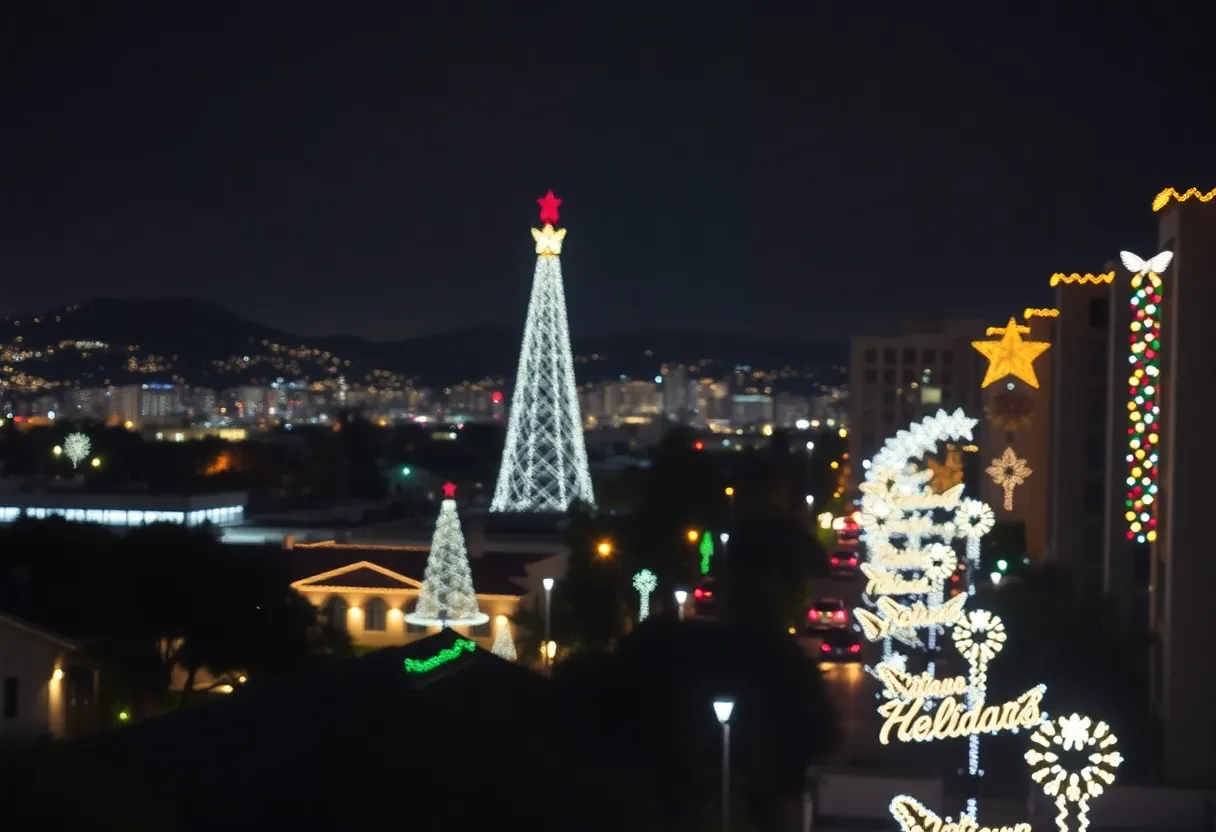 A nighttime view of a Southern California city with holiday lights and decorations, conveying a sense of security amid celebrations.