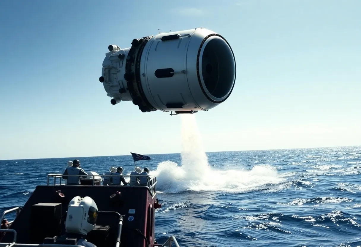SpaceX Dragon capsule splashing down in the Pacific Ocean
