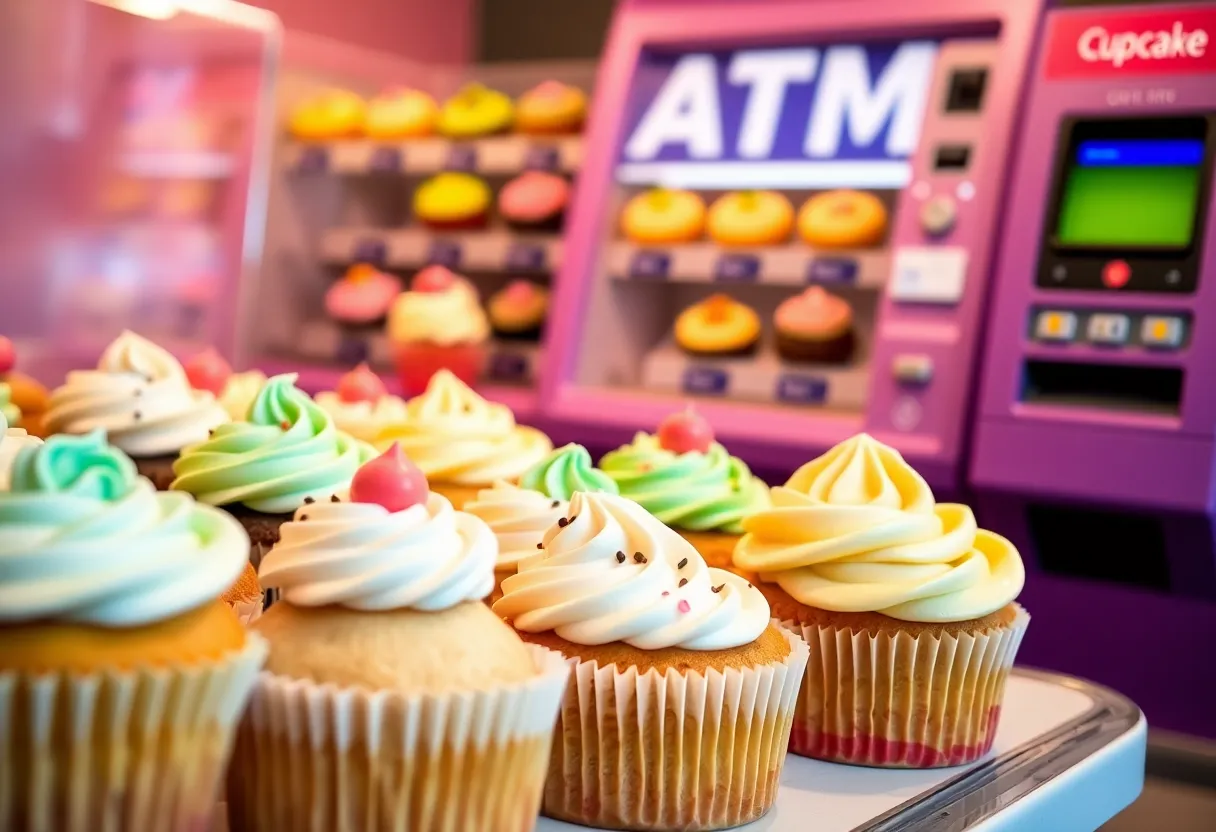 A colorful array of gourmet cupcakes with a cupcake ATM in sight.