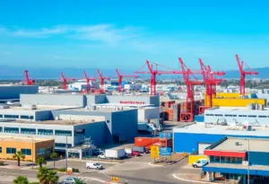 Industrial area in San Diego with modern buildings and cranes