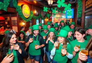 Participants celebrating at a St. Patrick's Day bar crawl in San Diego