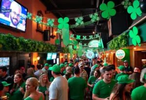 Crowd celebrating during St. Patrick's Day bar crawl in San Diego, wearing green outfits.