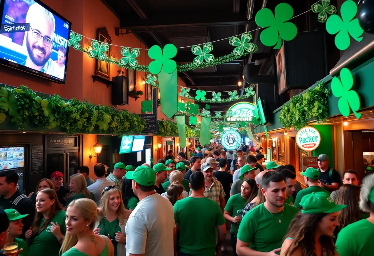 Crowd celebrating during St. Patrick's Day bar crawl in San Diego, wearing green outfits.