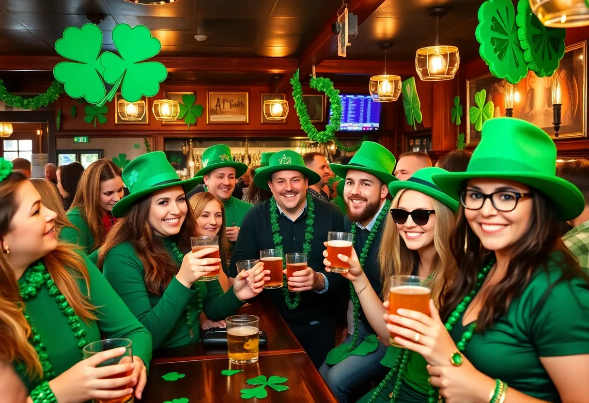 People celebrating St. Patrick's Day with drinks and decorations in San Diego.