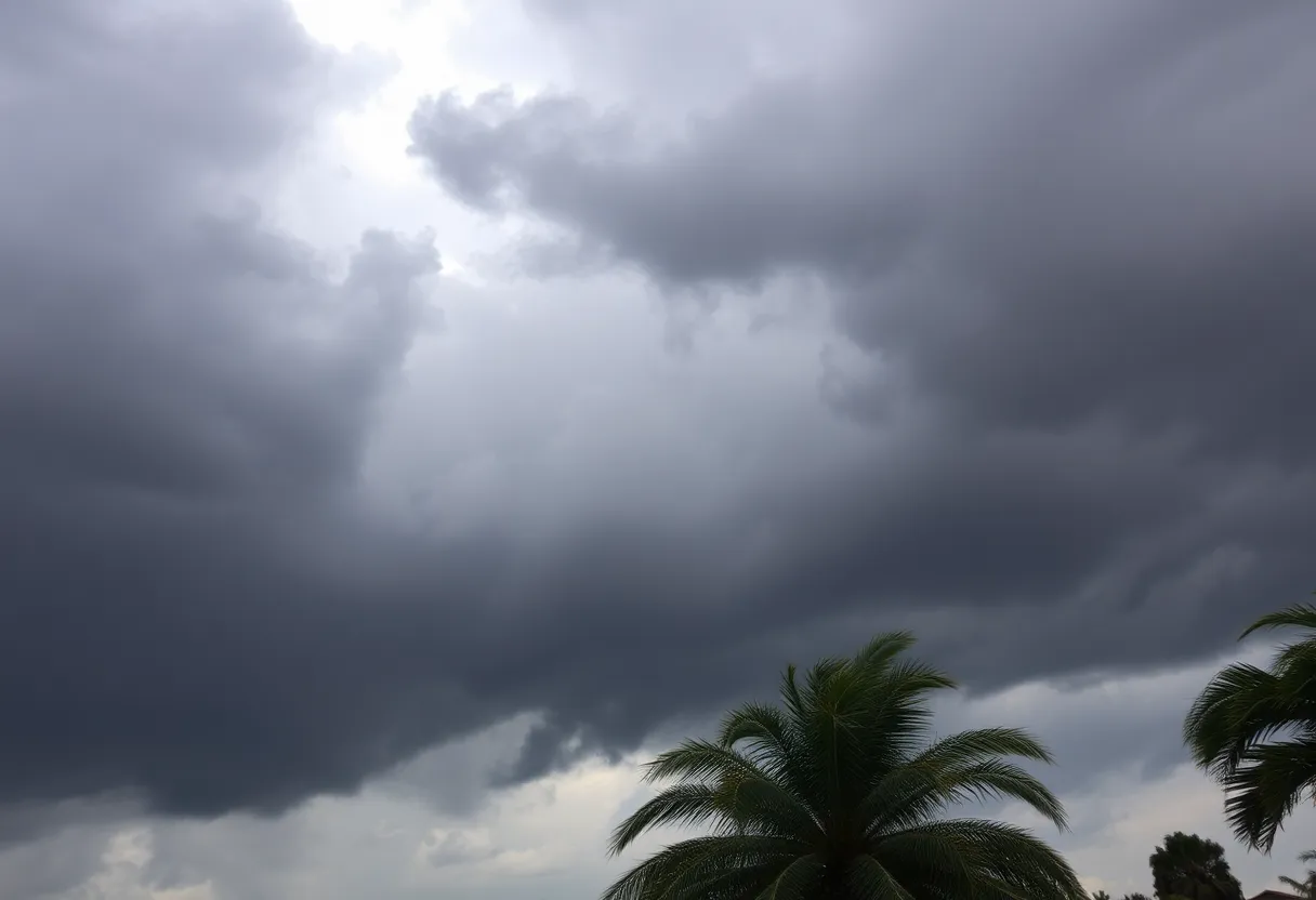 Stormy sky over San Diego County with dark clouds and raindrops.
