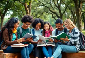Group of students studying in a park