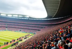 Crowd at a Super Bowl event with team banners.