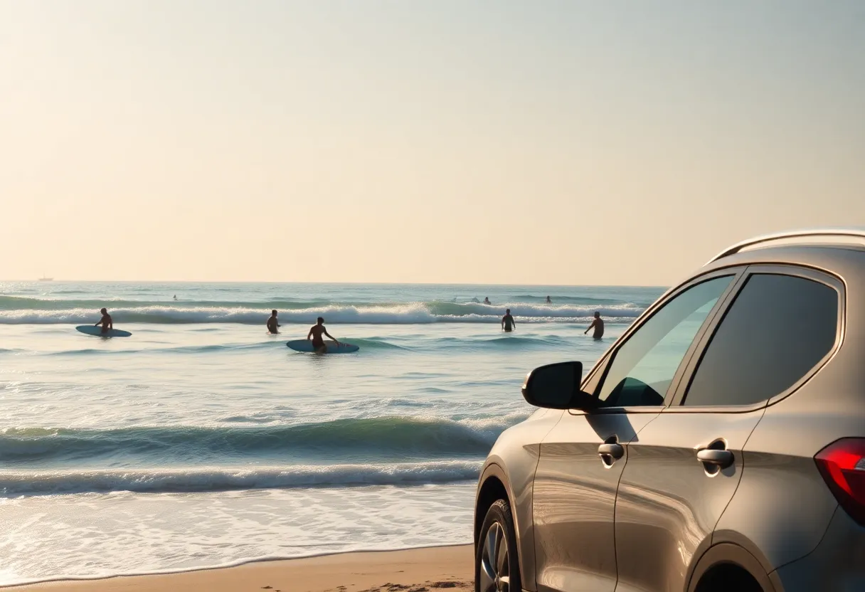 Surfers enjoying the ocean with parked cars in the background