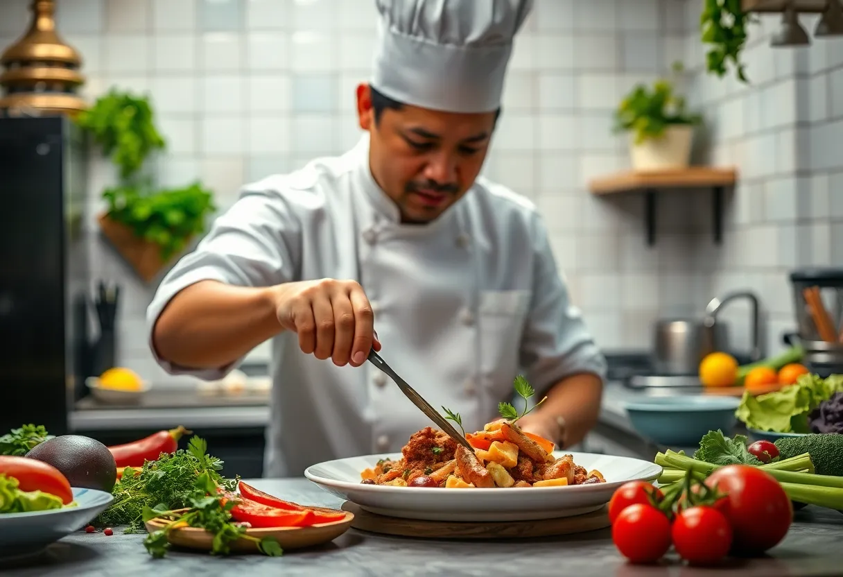 Chef preparing modern Filipino cuisine in a bright kitchen