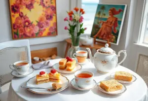 Table set with tea, pastries, and artwork at the Tea by the Sea fundraiser