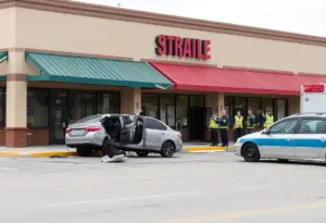 A vehicle crashed into a building at a Temecula strip mall, showing structural damage.