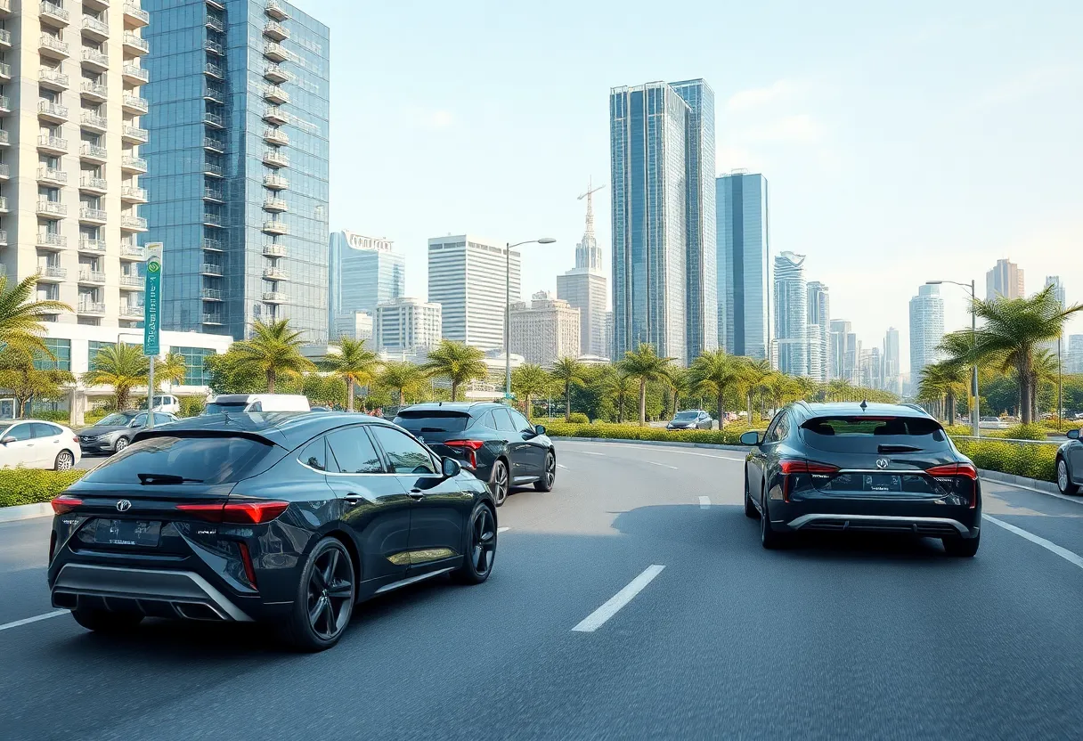 Futuristic city with Tesla autonomous vehicles and greenery