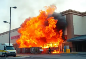 Firefighters responding to a fire at a Tesla battery storage unit.