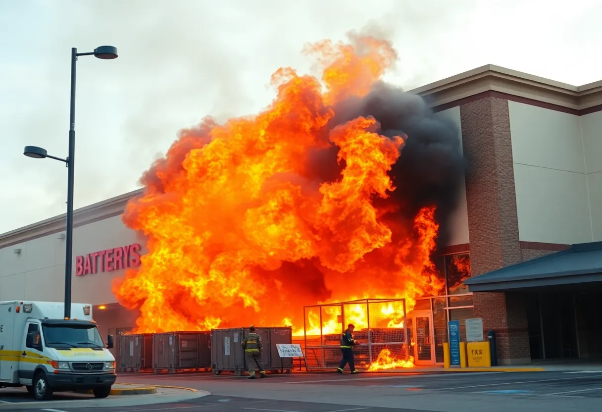 Firefighters responding to a fire at a Tesla battery storage unit.