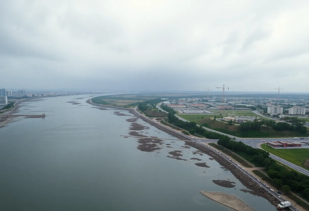 Panoramic view of the polluted Tijuana River with evidence of storms' impacts.