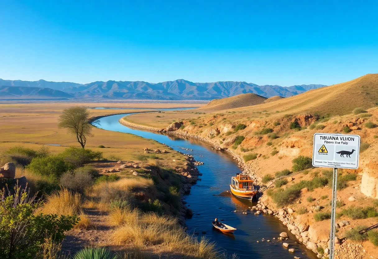 Tijuana River Valley with pollution signs and county officials discussing solutions