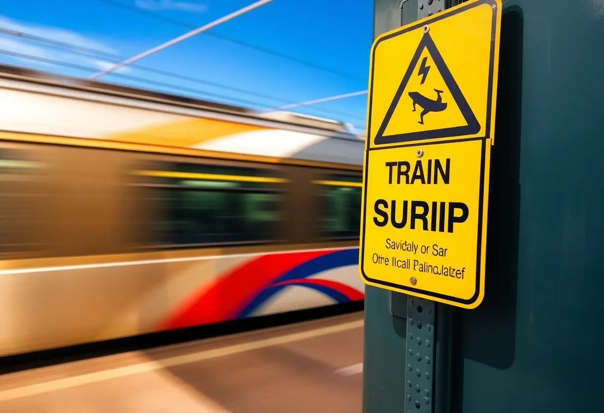 Warning sign against train surfing near a commuter train in San Diego