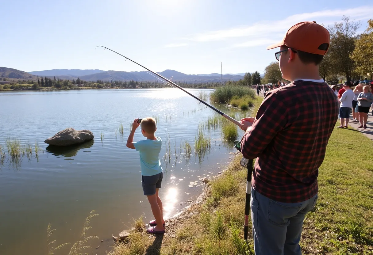 Families enjoying the Trout Re-Opener fishing event at Santee Lakes