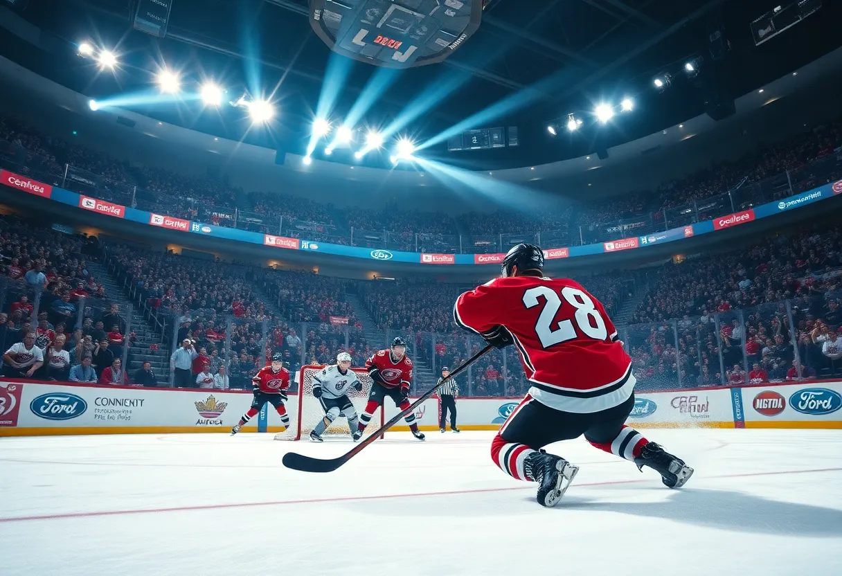 Hockey players celebrating a shootout win in ice hockey arena